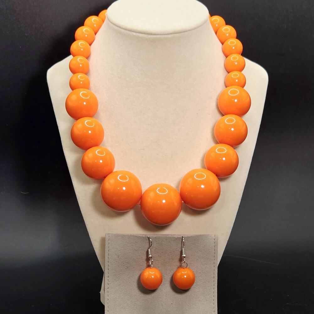 Vintage Orange Chunky Statement Necklace Large Gumball Style Beads w/ Earrings